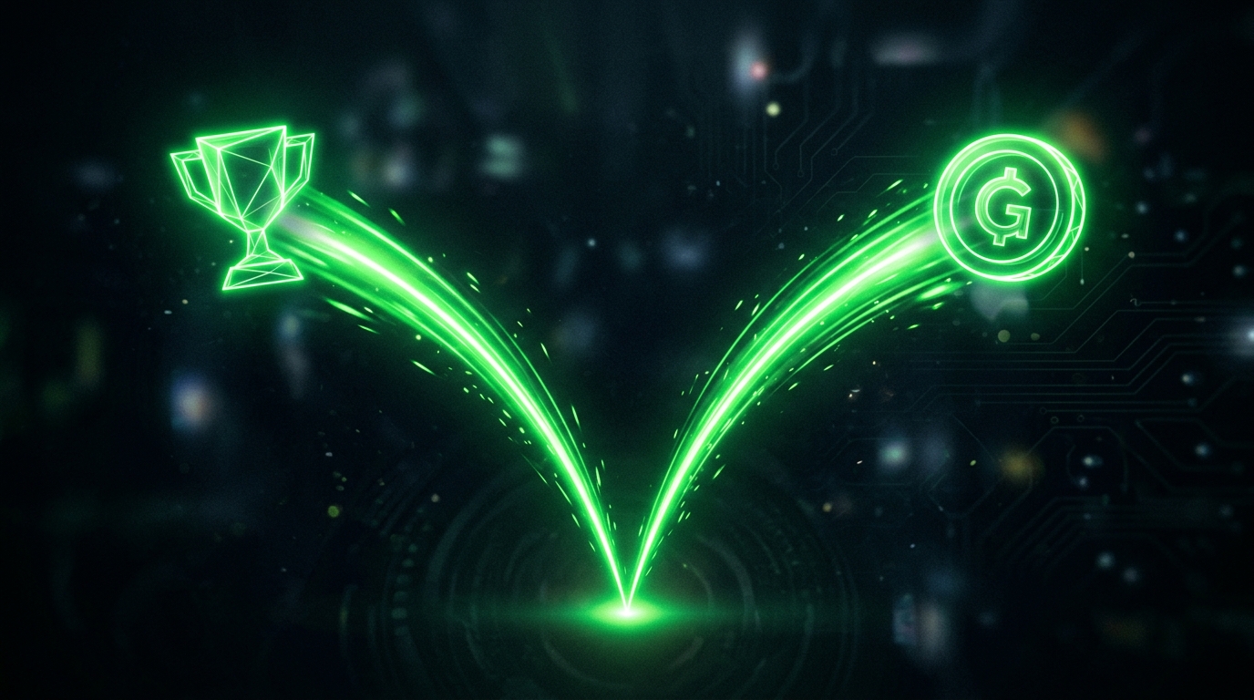 duas trilhas de luz verde neon divergindo a partir de um ponto central, uma levando a um ícone de troféu e outra a um ícone de moeda, estilo escuro cinematográfico