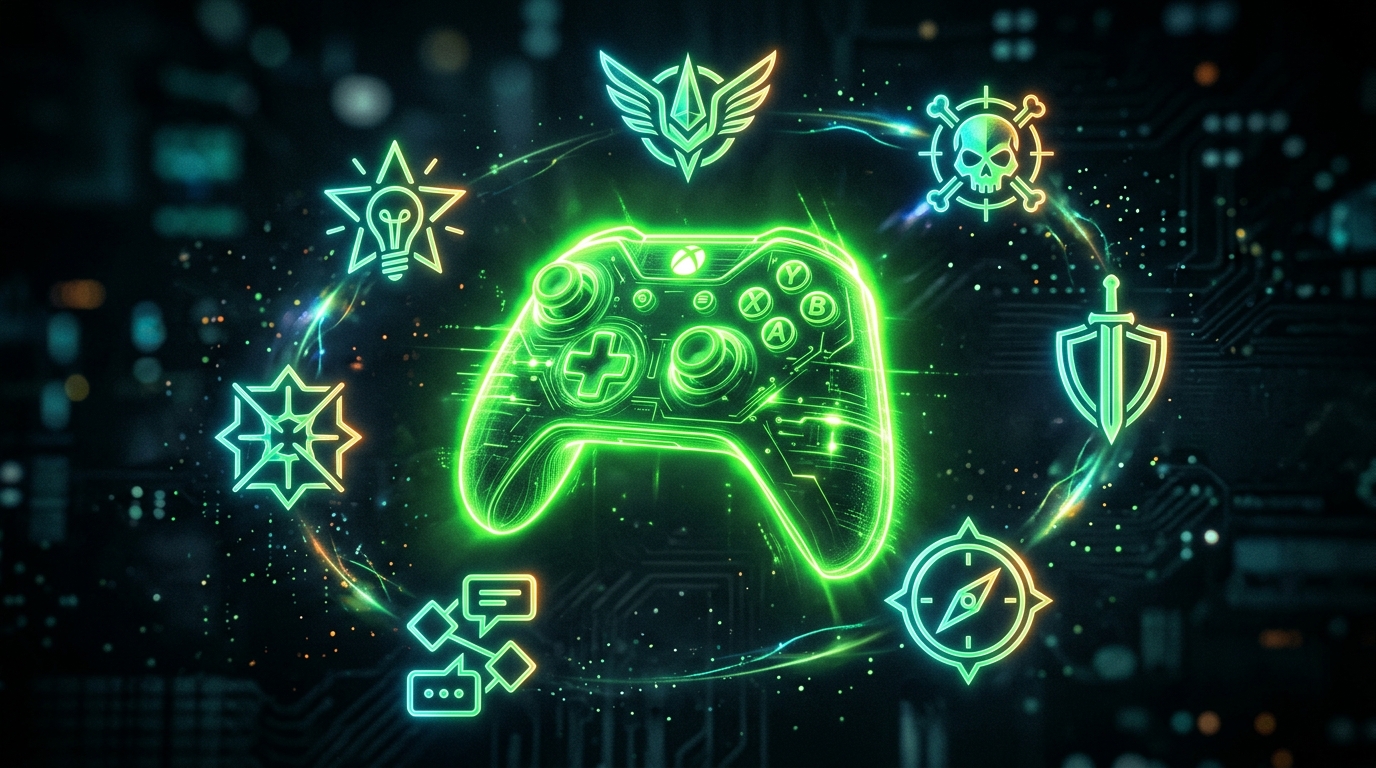 holograma verde neon de um controle de videogame estilizado cercado por seis ícones de persona flutuando, estilo cinematográfico escuro