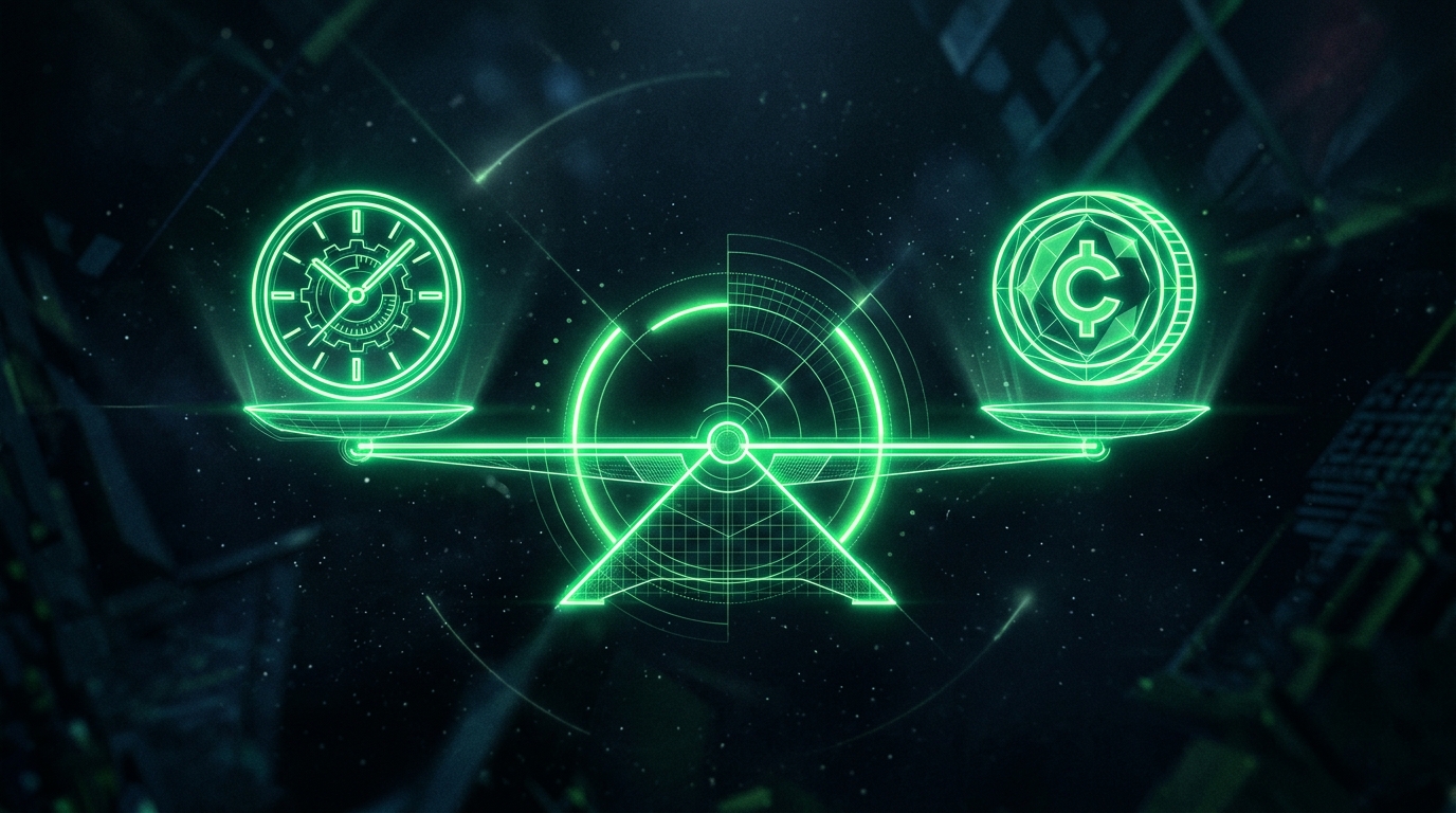 balança holográfica verde neon equilibrando um ícone de relógio de um lado e um ícone de moeda do outro, estilo escuro cinematográfico