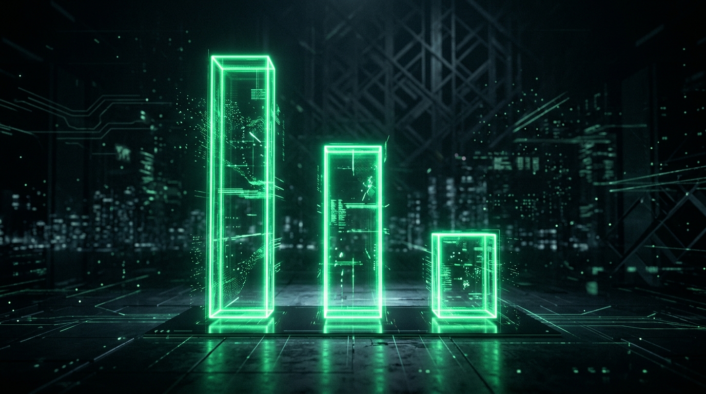 três barras holográficas verde neon de alturas decrescentes representando redução de tempo em cada etapa do processo, estilo cinematográfico escuro