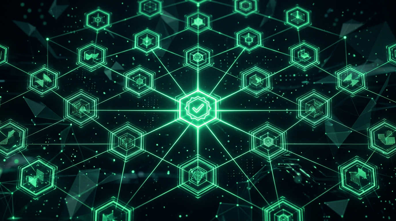 rede de nós verde neon em que um nó central com um selo geométrico se conecta a uma grade de quadros idênticos, representando perfil verificado com identidade visual consistente