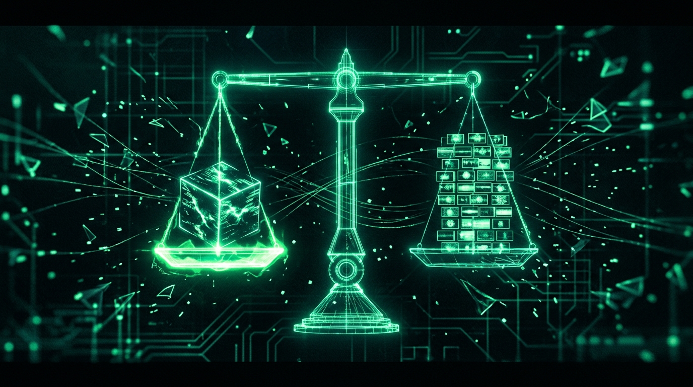 balança holográfica verde neon comparando um bloco de vídeo grande com vários quadros de imagem pequenos, representando rendimento por view versus tempo de produção