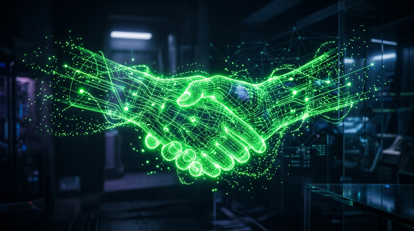 aperto de mão holográfico verde neon entre dois nós de luz, representando parceria b2b entre influencer de ia e imobiliária