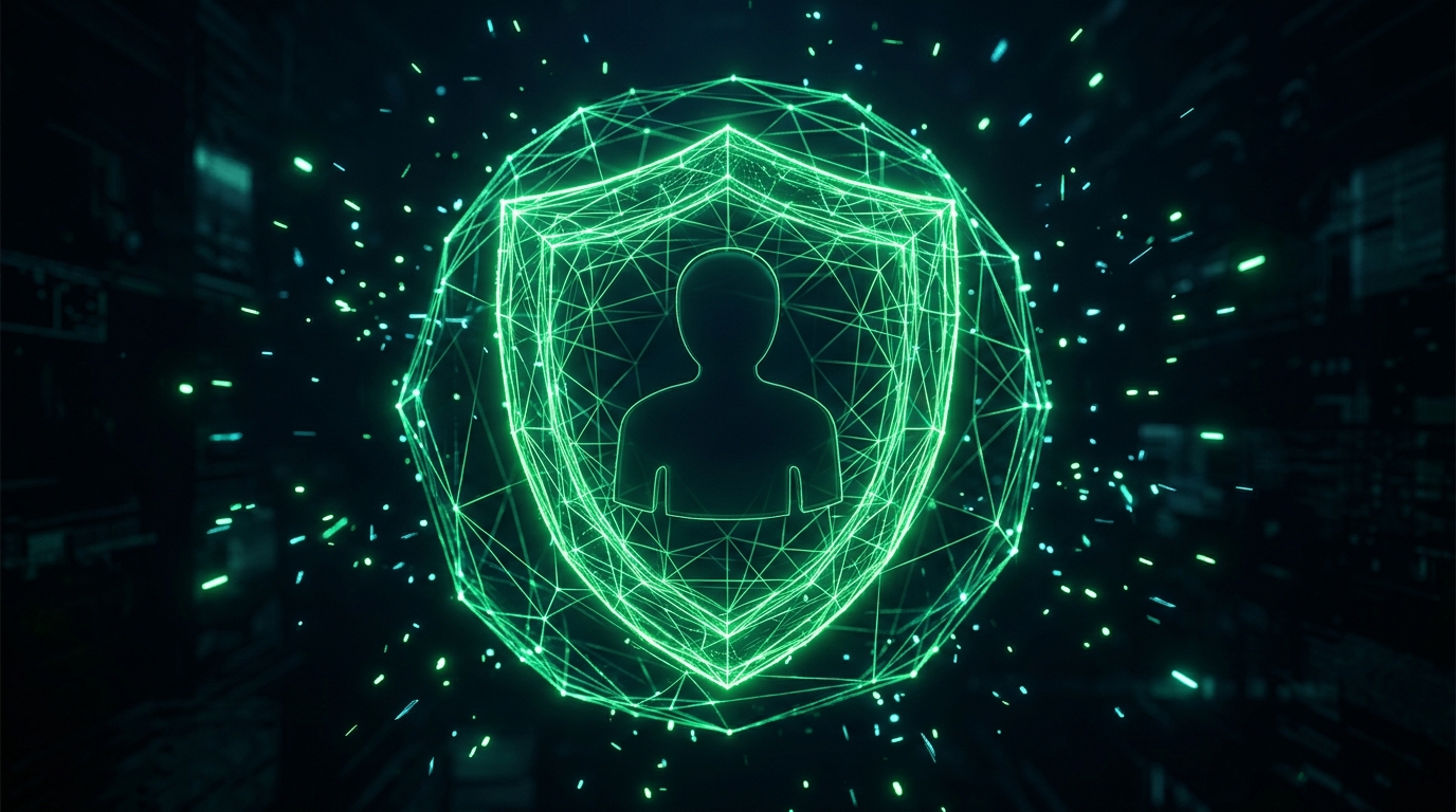 escudo holográfico verde neon protegendo a silhueta de um avatar, representando os limites e cuidados da persona de imóveis