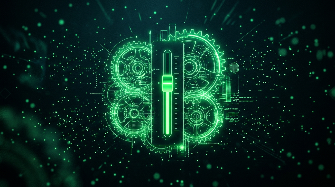engrenagem holográfica verde neon com um controle deslizante indicando desconto de lance de até 90%, estilo cinematográfico escuro