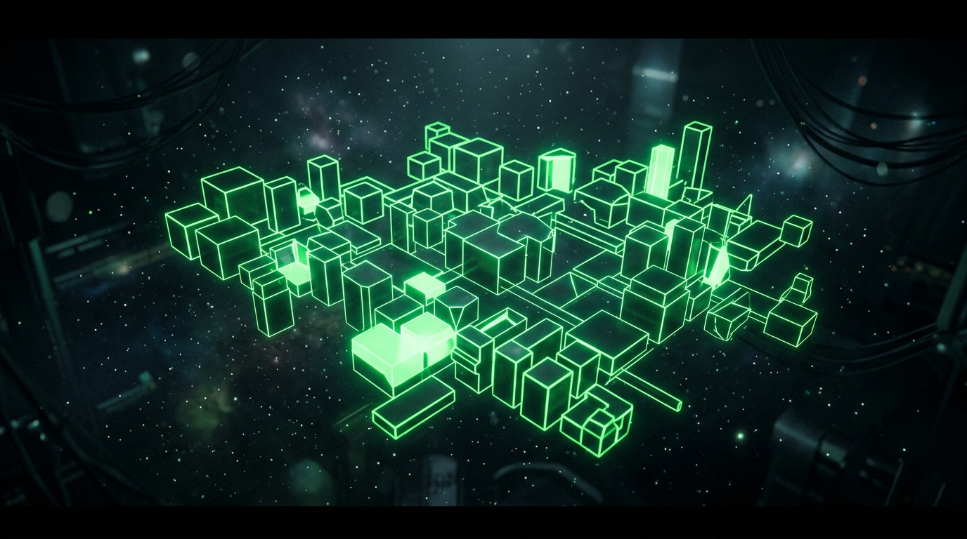 grade holográfica verde neon com blocos de tamanhos diferentes representando variedade de criativos publicitários, estilo cinematográfico escuro