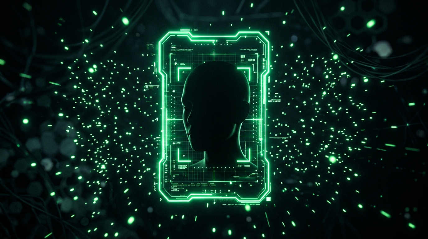 retângulo vertical holográfico verde neon com marcação de rosto centralizado, representando o enquadramento automático de clipe vertical