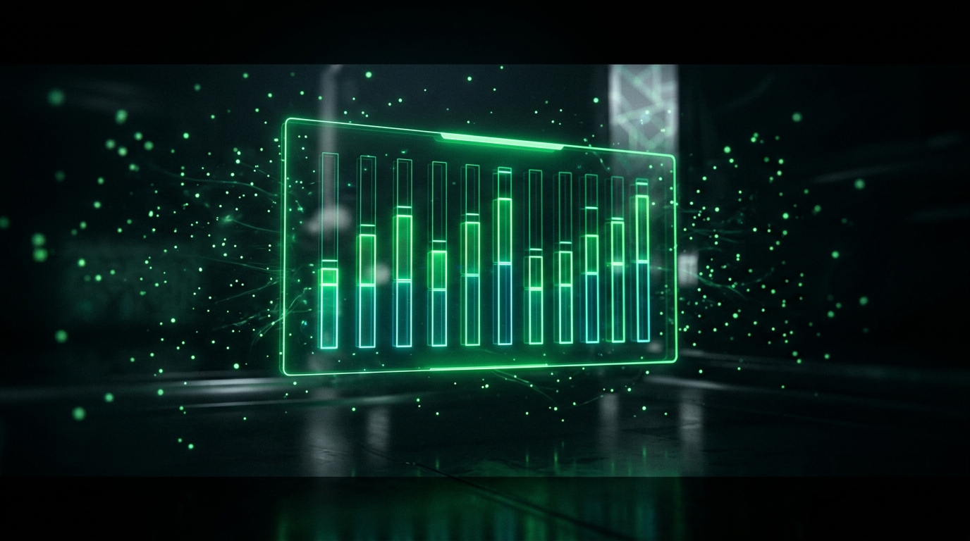 painel comparativo holográfico verde neon com colunas de ferramentas de corte de vídeo, estilo cinematográfico escuro