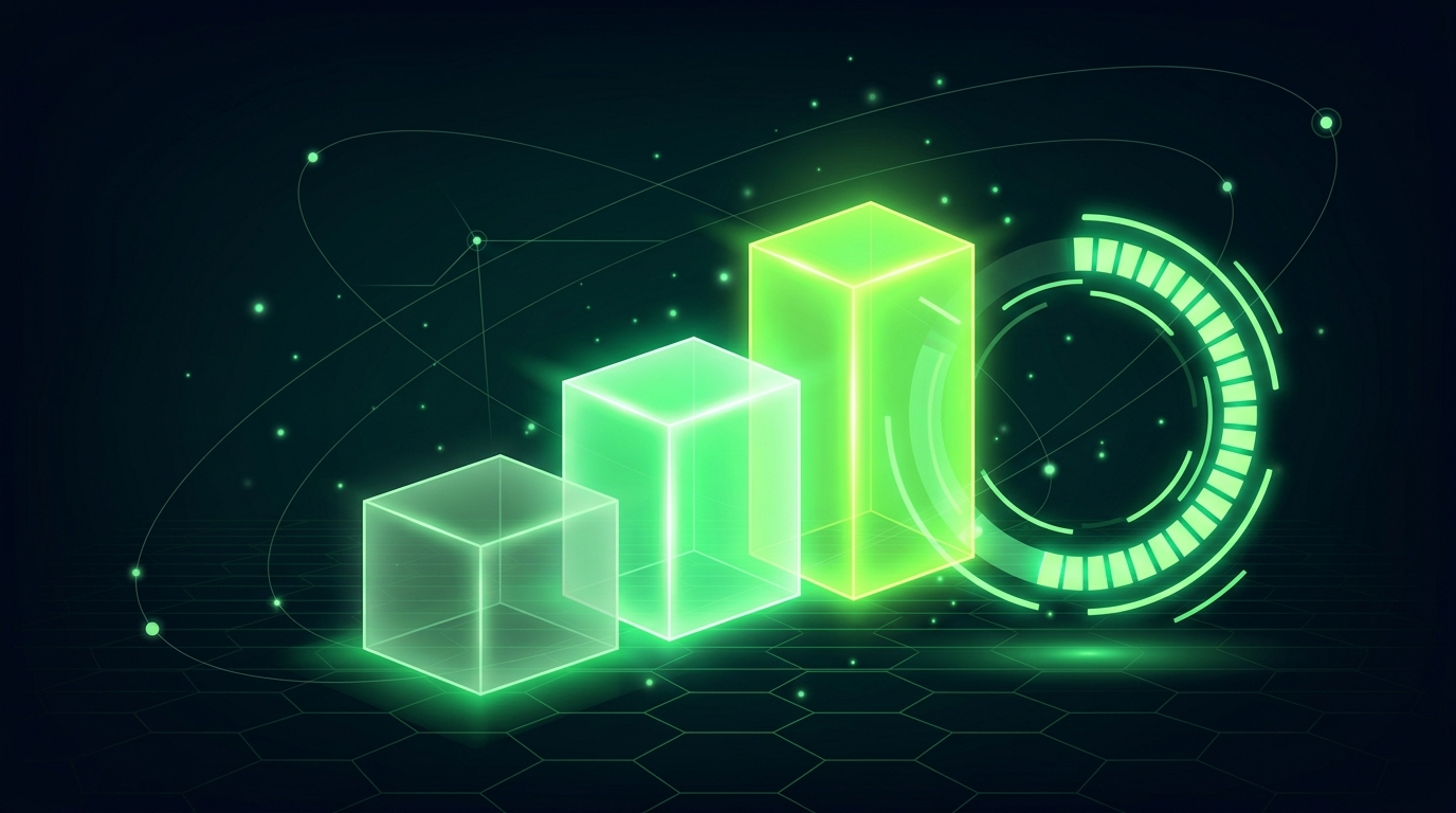 três blocos holográficos verde neon empilhados como uma escada com um cronômetro geométrico ao lado, representando pagamento fixo por três meses