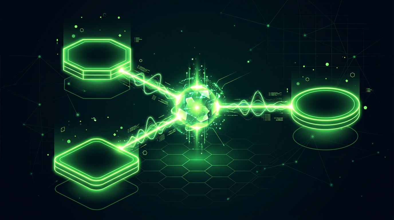 rede de nós verde neon com um nó central luminoso distribuindo o mesmo sinal para três plataformas geométricas diferentes, representando conteúdo cruzado entre redes