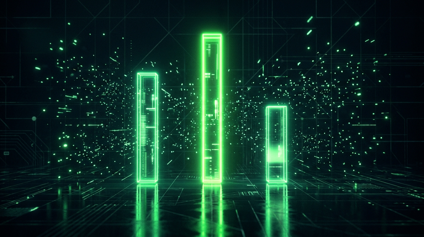 três barras holográficas verde neon de alturas diferentes sobre fundo escuro, representando o peso de menção em vídeo, menção em texto e backlink