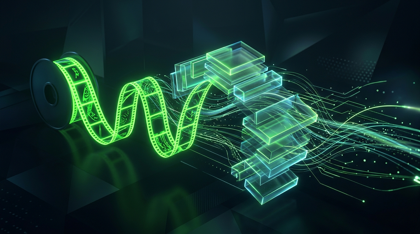 trilha de vídeo abstrata verde neon se desdobrando em blocos de texto holográficos sobre fundo escuro, representando vídeo virando rastro legível pra ia