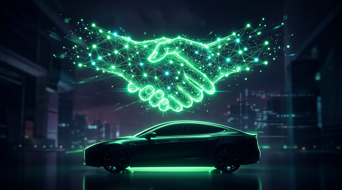 aperto de mão holográfico verde neon entre dois nós de luz acima da silhueta de um carro, representando parceria b2b, estilo escuro cinematográfico