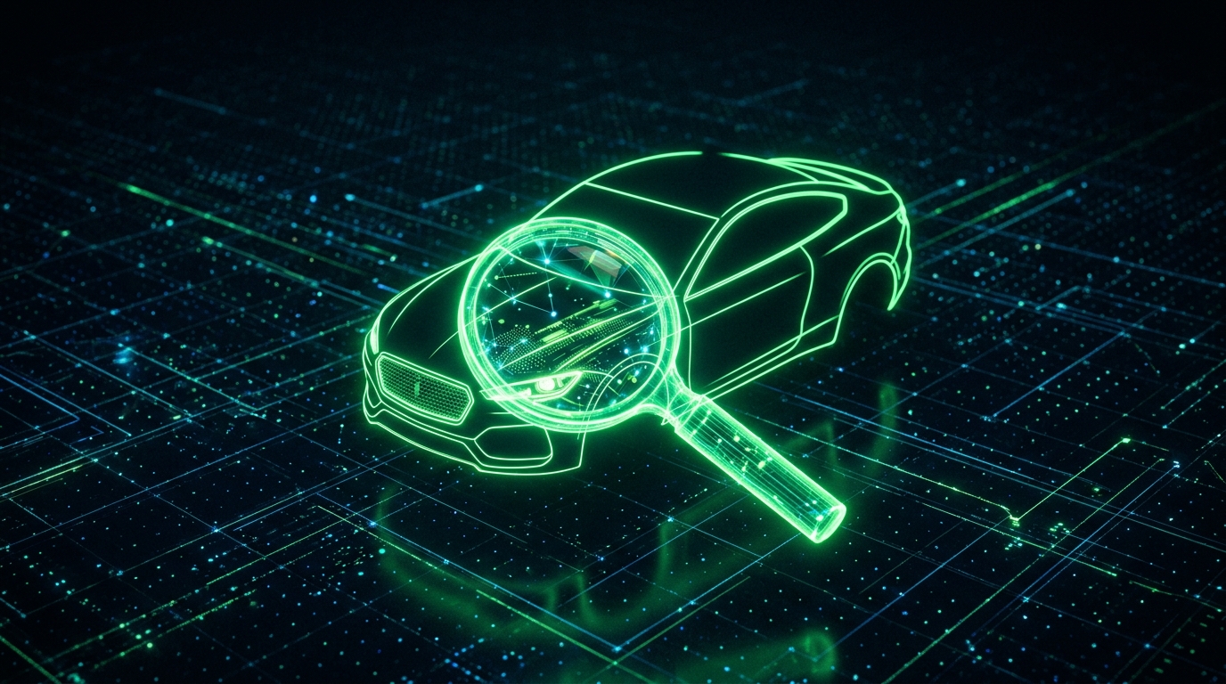 lupa holográfica verde neon inspecionando a silhueta de um carro flutuante sobre grade digital, estilo cinematográfico escuro