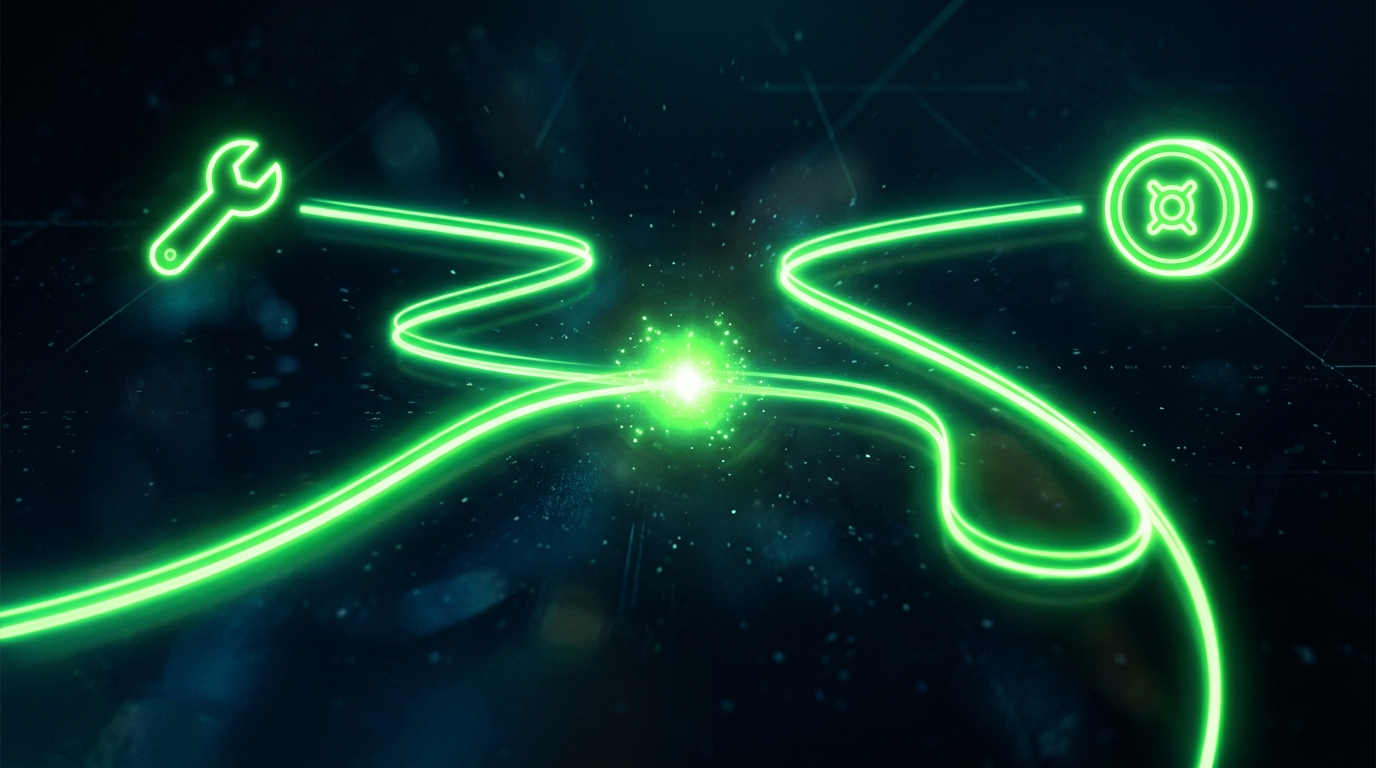duas trilhas de luz verde neon divergindo de um ponto central, uma levando a um ícone de chave de boca e outra a um ícone de moeda, estilo escuro cinematográfico