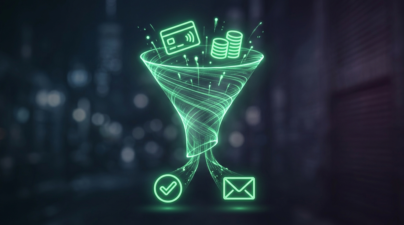 funil holográfico verde neon com ícone de pagamento no topo fluindo pra um ícone de confirmação, estilo cinematográfico escuro
