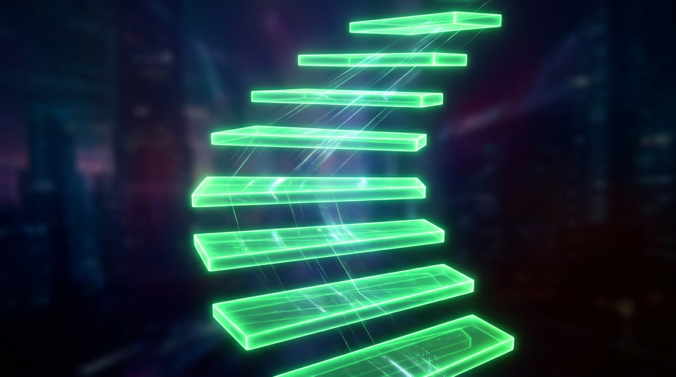 escada ascendente holográfica verde neon com sete degraus de luz representando a sequência de ativação de sete dias, estilo cinematográfico escuro