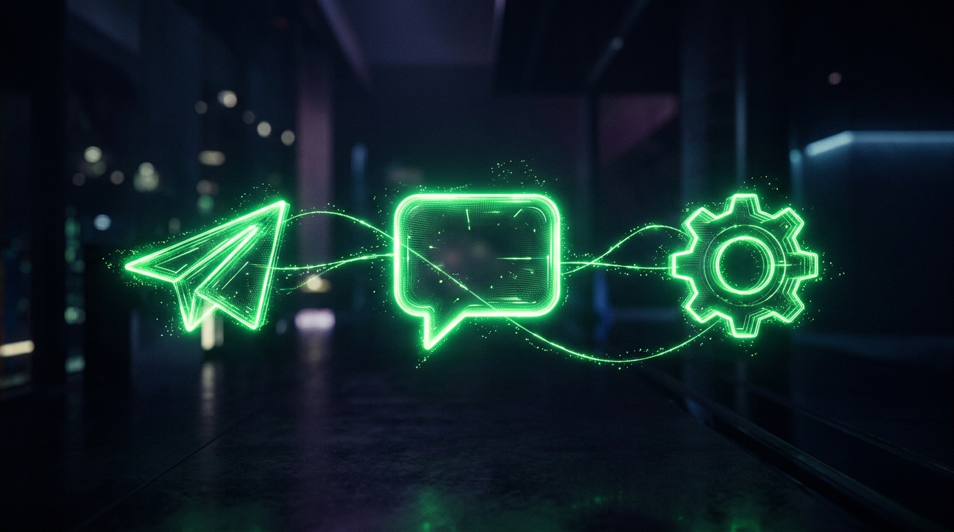 três ícones holográficos verde neon de aplicativo de mensagem conectados por linhas de luz, estilo cinematográfico escuro