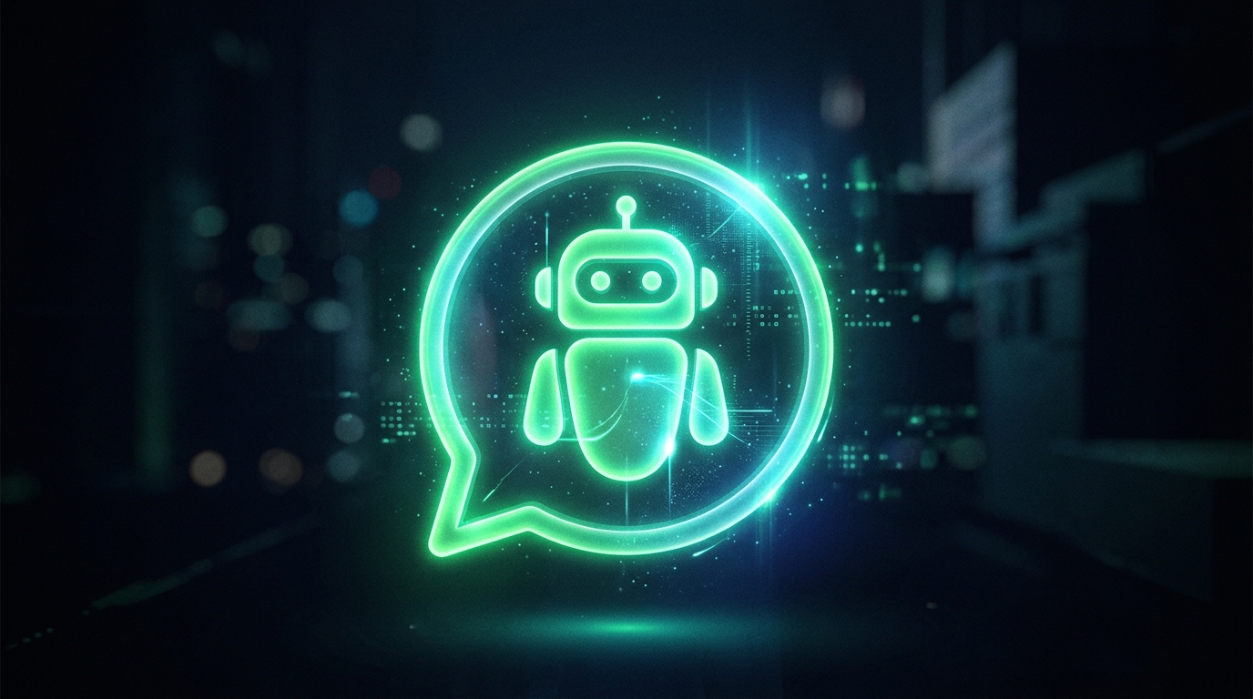 ícone holográfico verde neon de assistente robô dentro de um balão de chat, estilo cinematográfico escuro