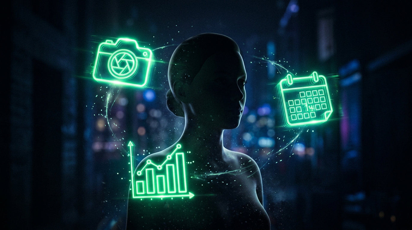 ícones holográficos verde neon de câmera, calendário e gráfico de barras flutuando ao redor de uma silhueta de avatar central, estilo cinematográfico escuro