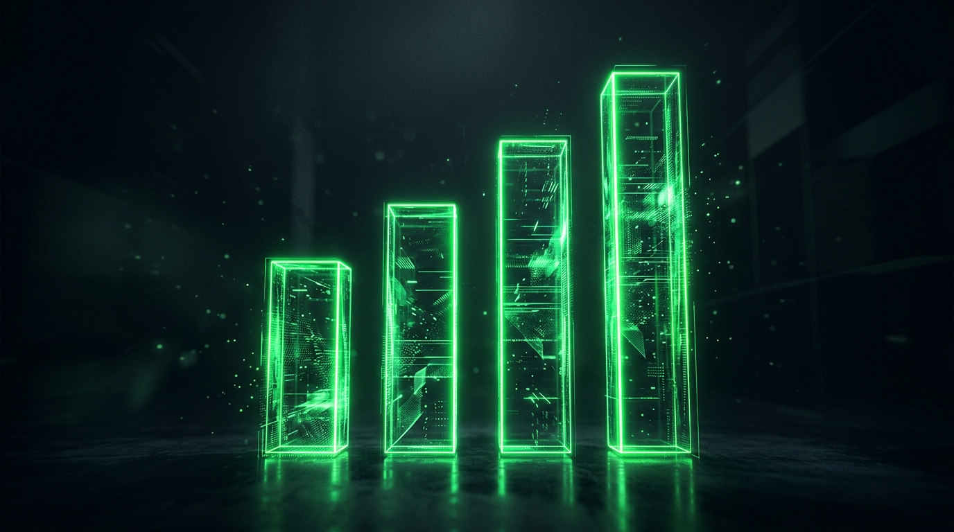 quatro barras verticais holográficas verde neon de altura crescente representando faixas de preço, estilo cinematográfico escuro
