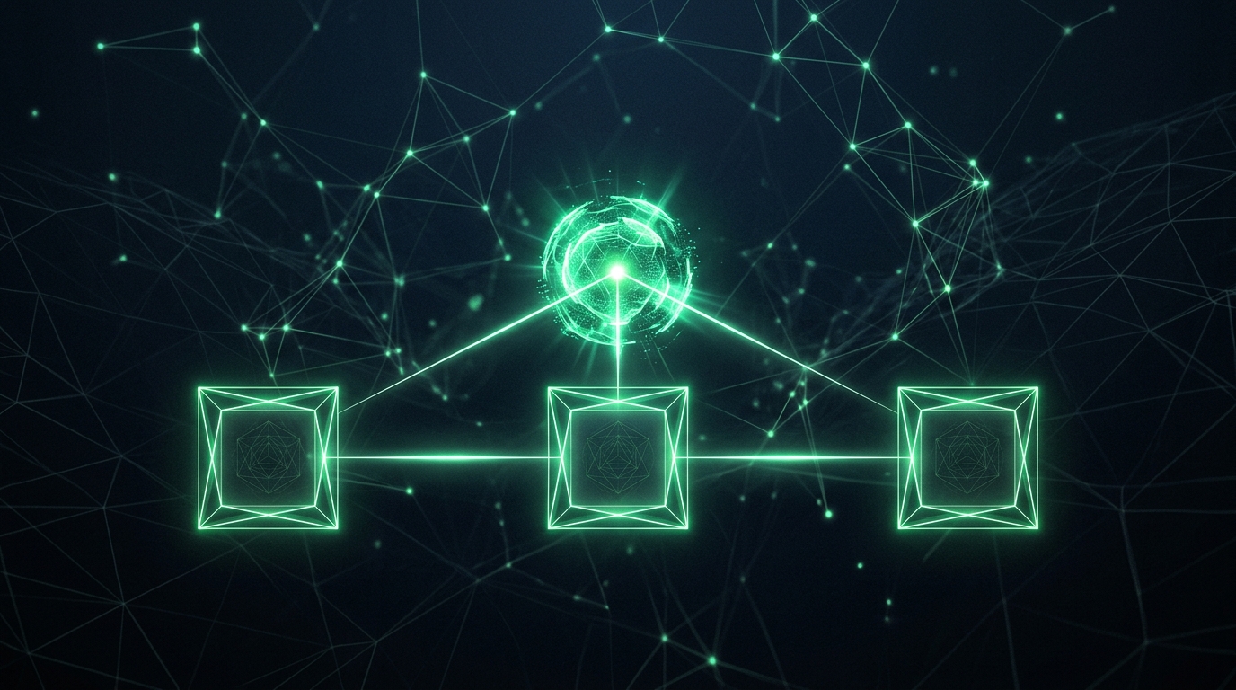 nó holográfico verde neon central conectado a três quadros geométricos idênticos em sequência, representando frames revisados de um clipe longo