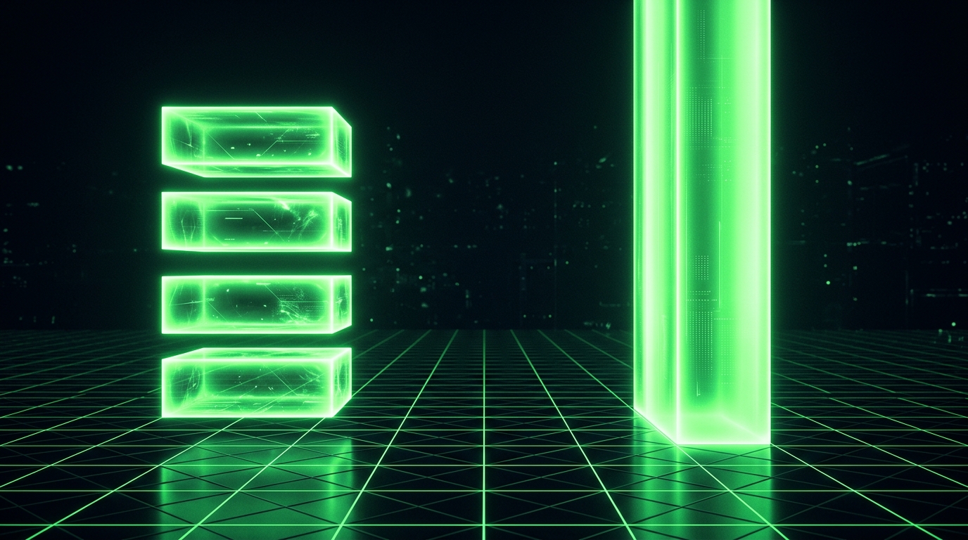 quatro blocos holográficos verde neon separados por fendas escuras ao lado de um bloco único contínuo, representando clipes emendados contra geração nativa