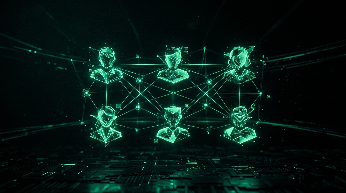 grade holográfica verde neon de seis ícones de persona flutuando, representando diferentes personas de conteúdo de maternidade, nós conectados por linhas de luz, fundo escuro