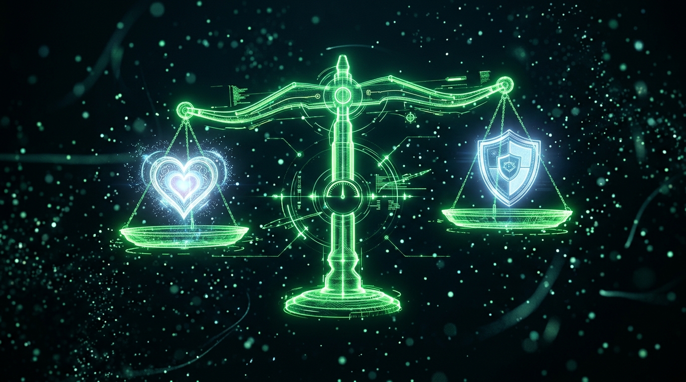 balança holográfica verde neon equilibrando um ícone de coração e um ícone de escudo, representando o limite entre conselho e conteúdo seguro, estilo cinematográfico escuro