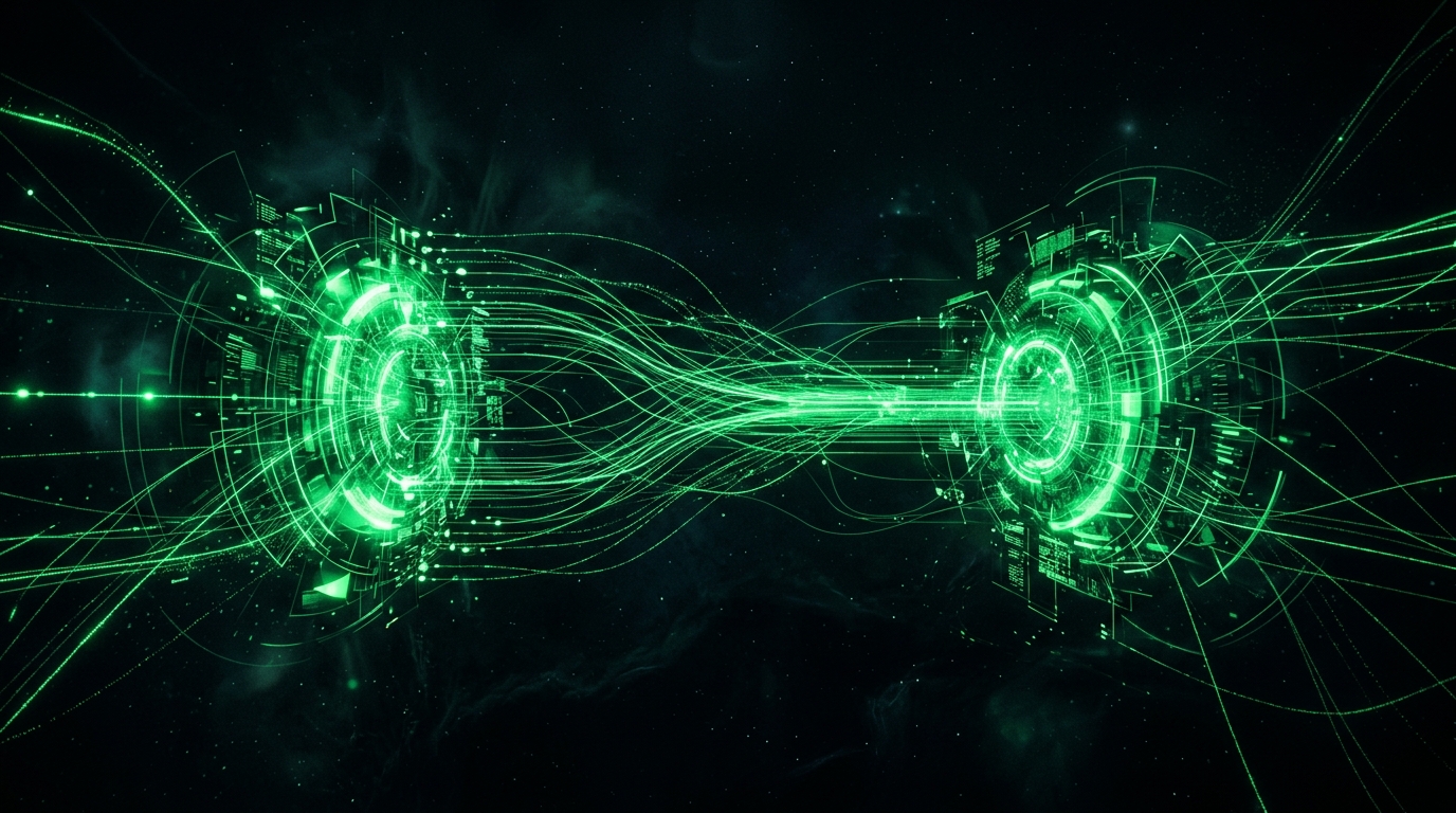 rede holográfica verde neon conectando dois nós brilhantes representando duas plataformas se integrando, fluxo de dados abstrato, fundo escuro