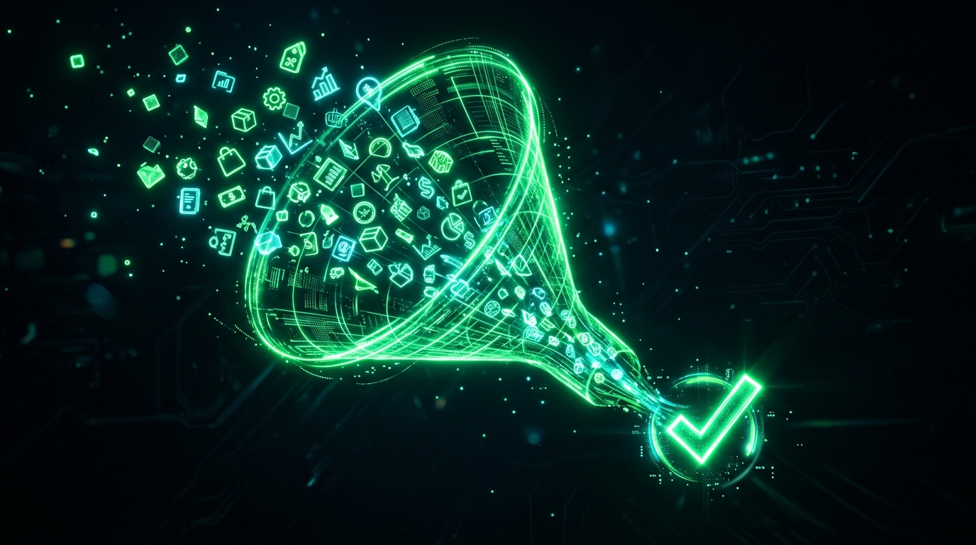 funil holográfico verde neon com ícones de produto brilhantes fluindo através dele até um ícone de confirmação, estilo futurista abstrato, fundo escuro