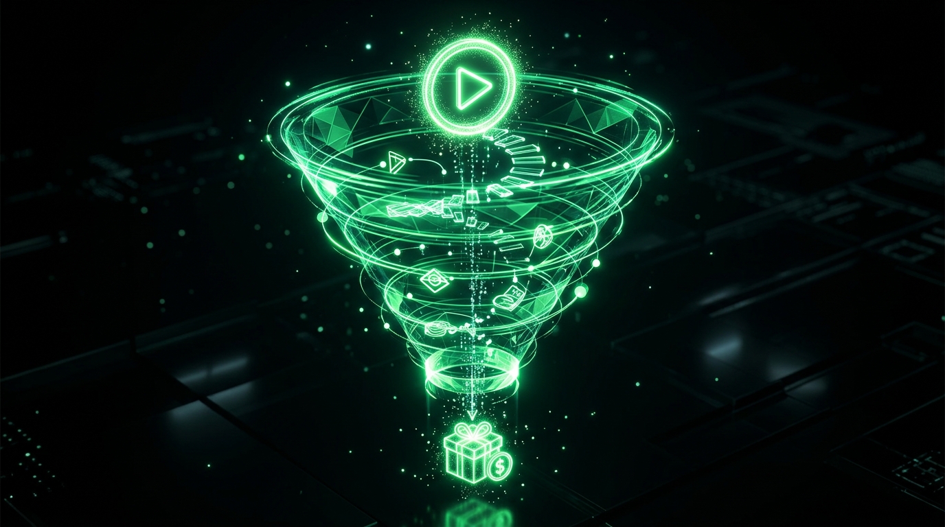 funil holográfico verde neon mostrando etapas de um vídeo gratuito até uma oferta paga, degraus abstratos brilhantes, fundo escuro