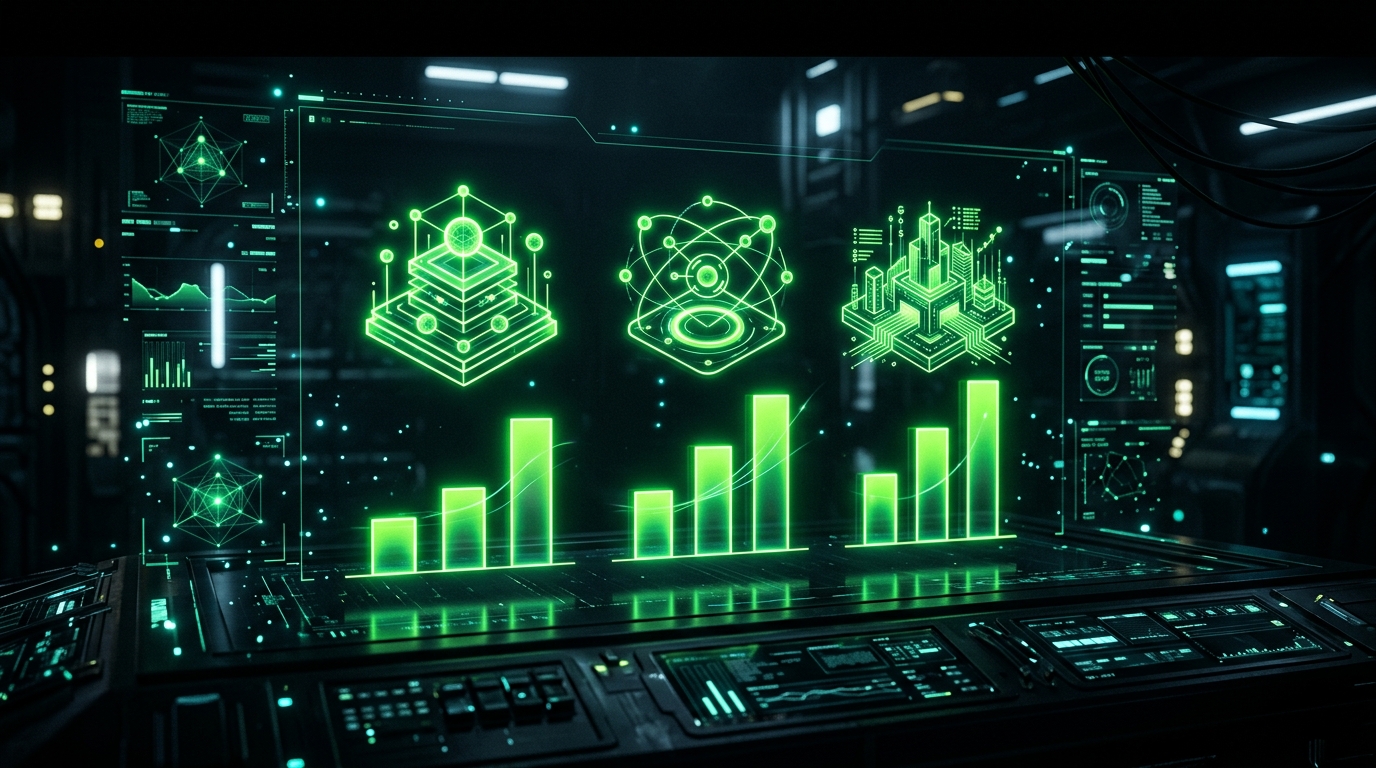 gráfico de barras holográfico verde neon comparando três ícones de plataforma brilhantes, painel futurista abstrato, fundo escuro