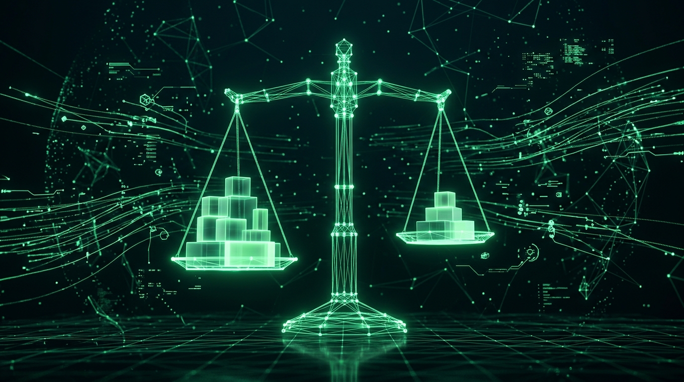 balança holográfica verde neon com blocos geométricos de tamanhos diferentes de cada lado sobre fundo escuro, representando o custo por take aprovado