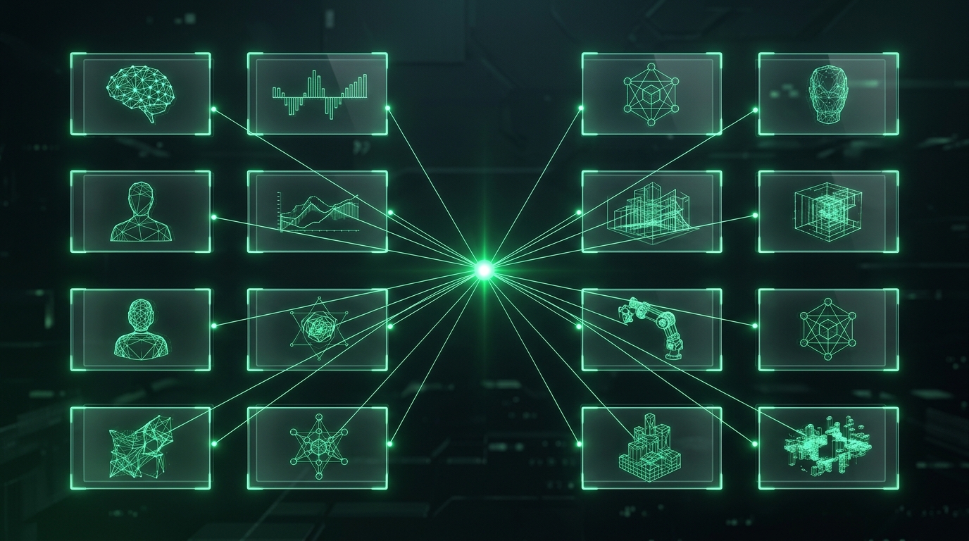 conjunto de quadros holográficos verde neon idênticos organizados como um kit de referência, com um nó central conectando todos sobre fundo escuro