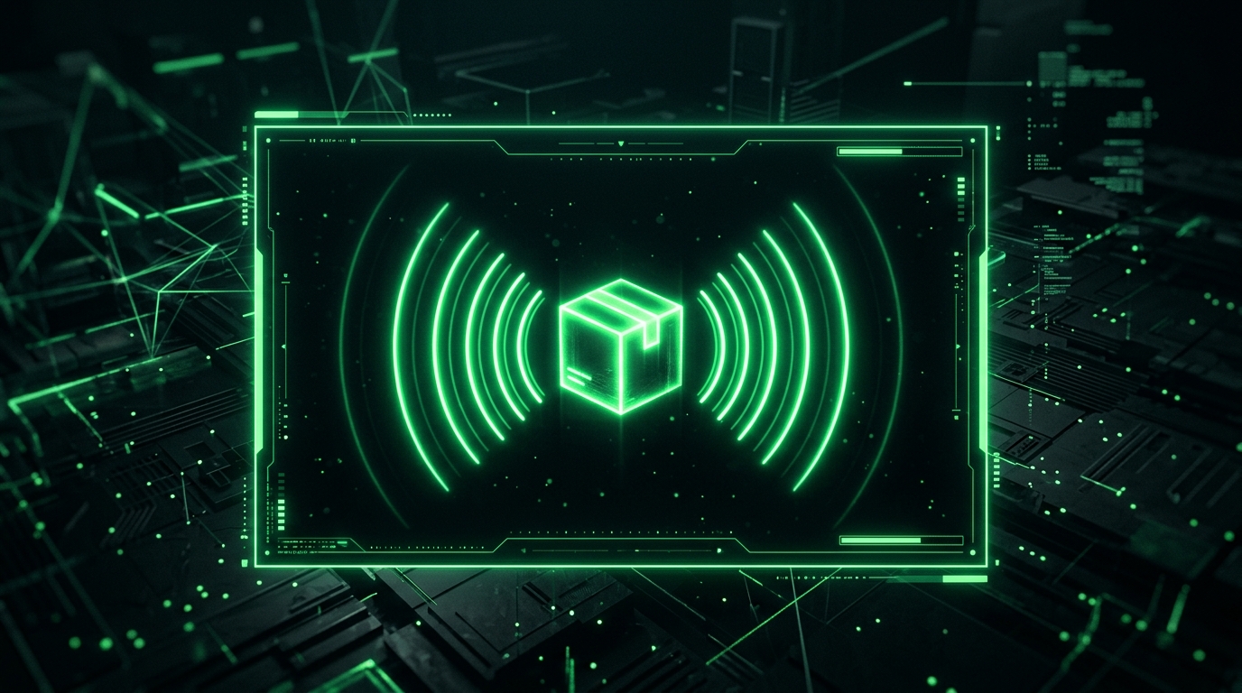 holograma verde neon de uma caixa de produto com ondas de sinal irradiando dentro de uma moldura de vídeo, representando anúncio inserido em conteúdo de creator, estilo cinematográfico escuro