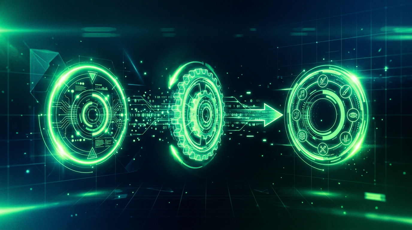 engrenagem holográfica verde neon conectando dois círculos, um representando anunciante e outro representando creator, com uma seta de dados entre eles, estilo cinematográfico escuro
