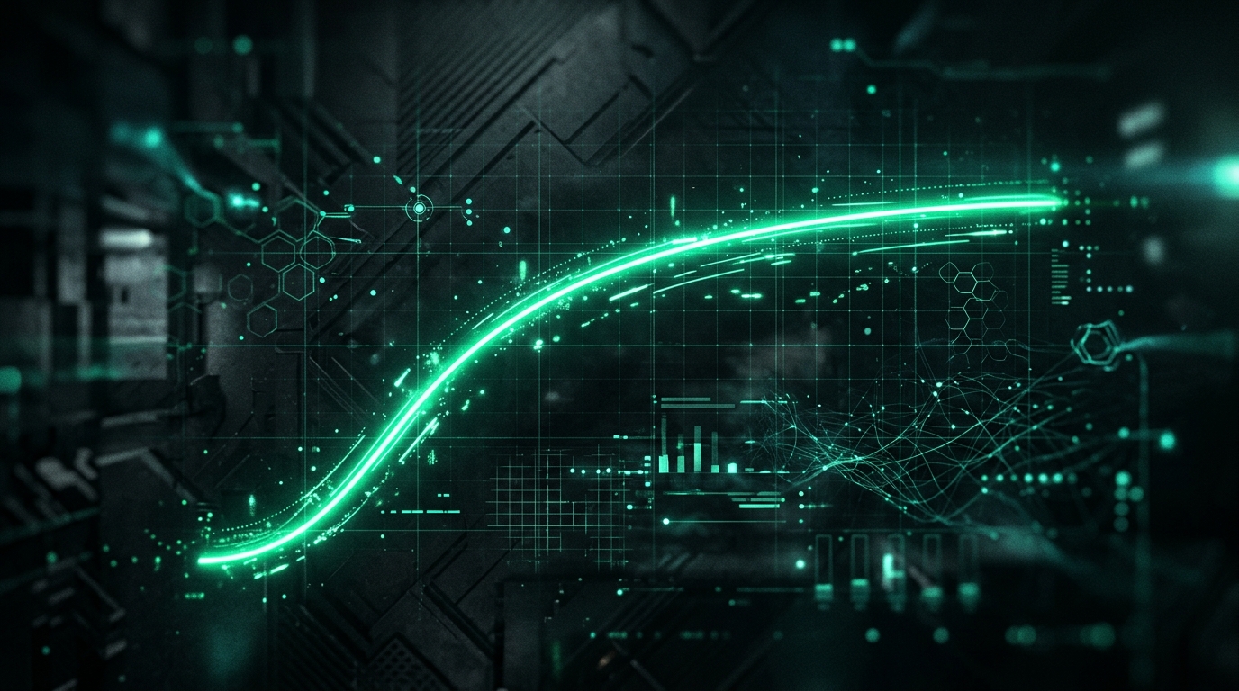 gráfico de linha holográfico verde neon subindo em curva decrescente, representando desaceleração percentual de crescimento conforme a base de seguidores aumenta, estilo cinematográfico escuro