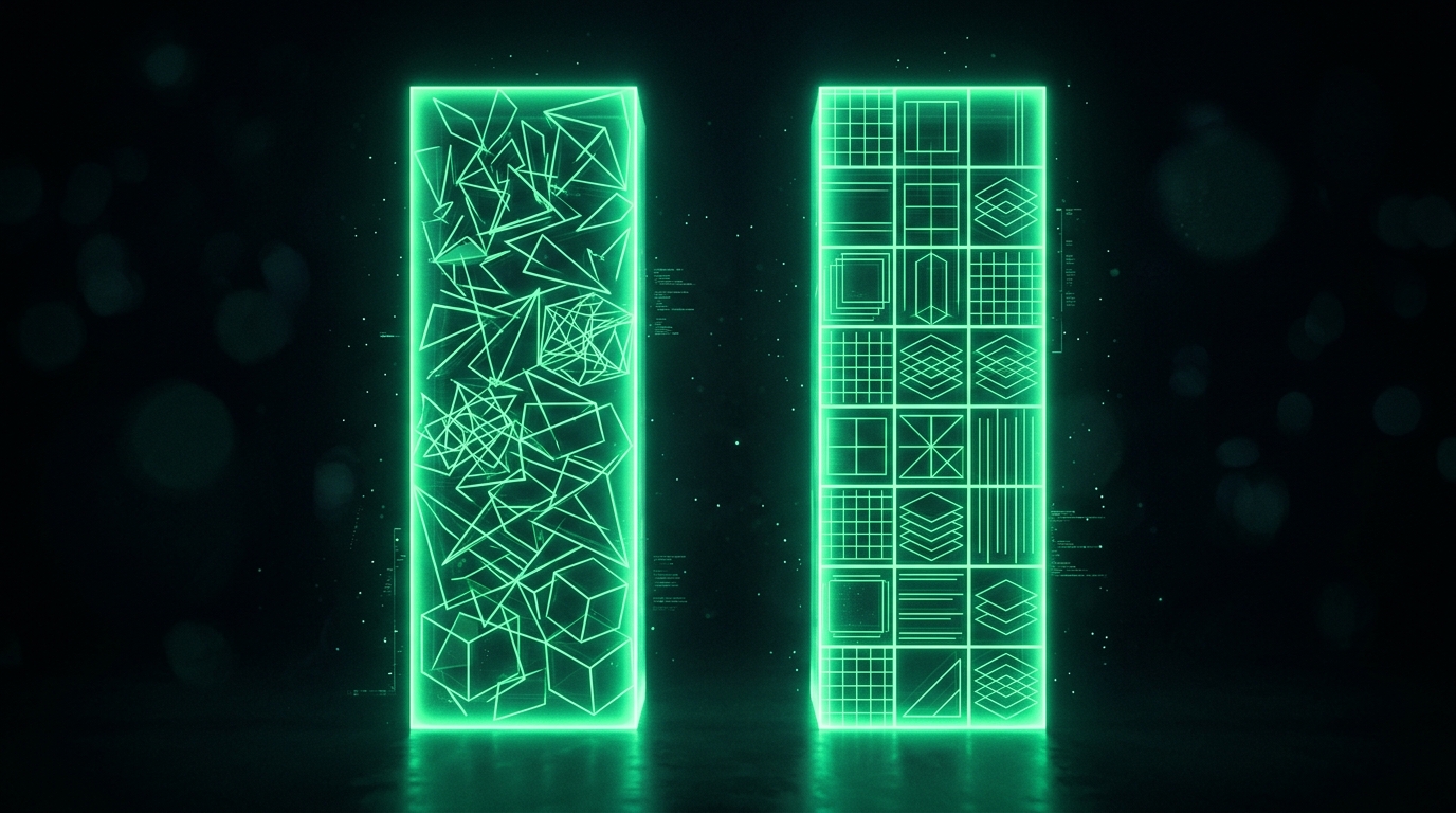duas colunas de luz verde neon lado a lado representando comparação de ambientes decorados, uma bagunçada e outra organizada, estilo escuro cinematográfico