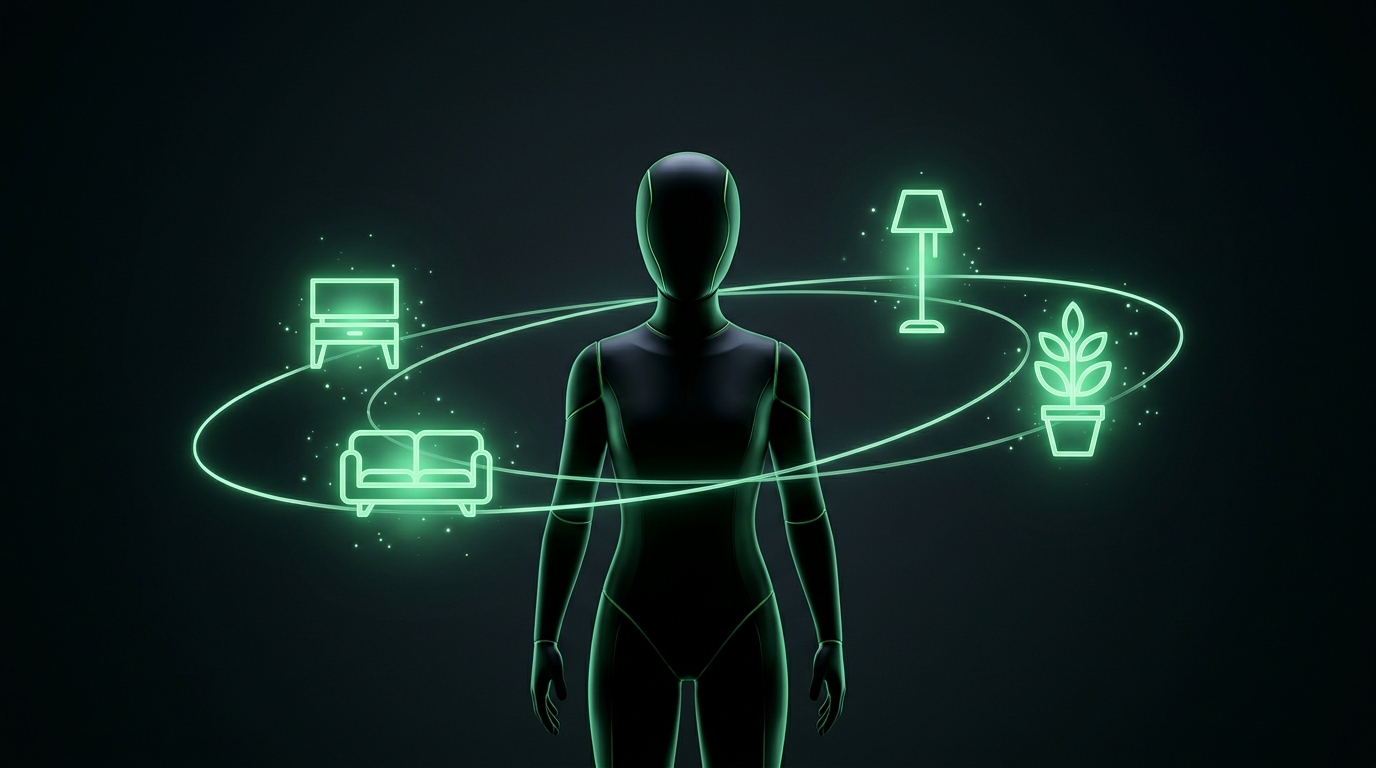holograma verde neon de sofá, luminária e planta flutuando ao redor de uma silhueta central de avatar, estilo cinematográfico escuro