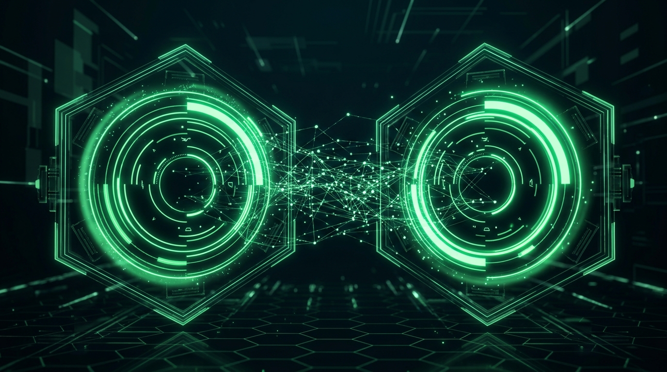 dois medidores circulares holográficos verde neon com anéis de progresso ao lado de uma rede de nós, representando notas de desempenho e saúde da conta, fundo escuro