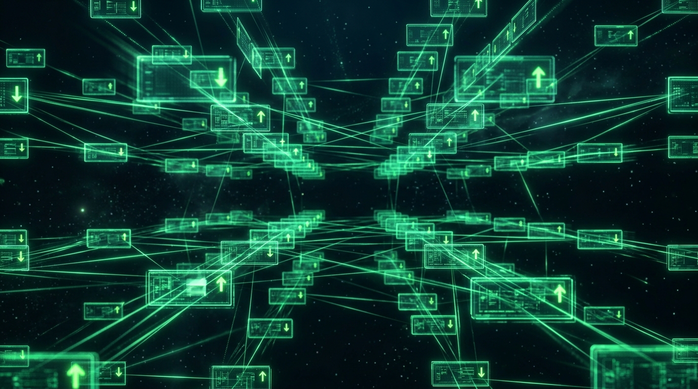 grade de painéis holográficos verde neon com setas subindo e descendo representando taxas de comissão mudando em uma vitrine de produtos, fundo escuro