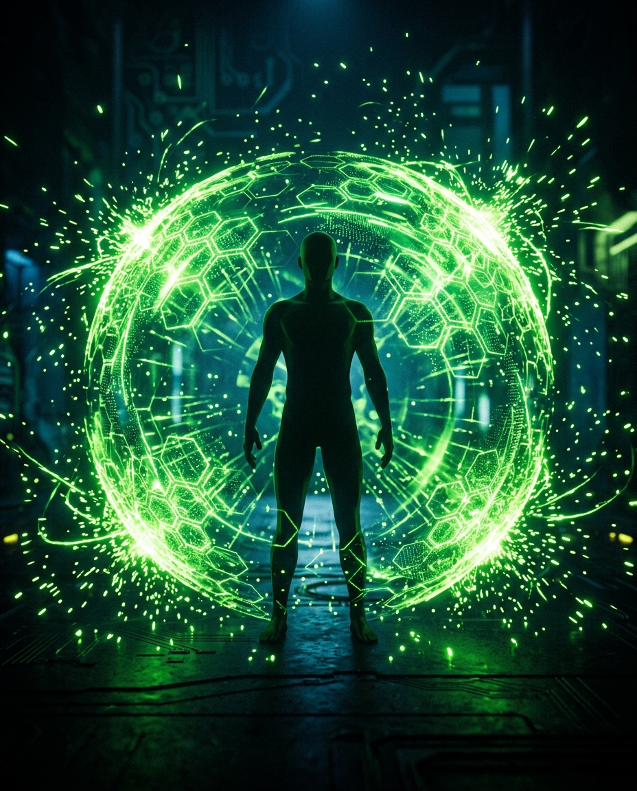 escudo holográfico verde neon protegendo uma silhueta de avatar central, representando cuidado com credibilidade em conteúdo educacional, estilo cinematográfico escuro
