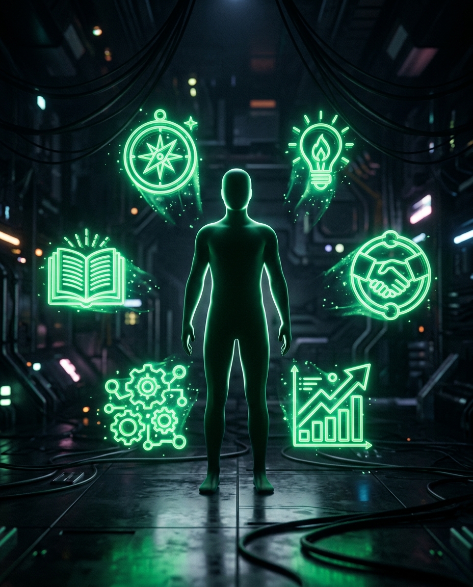seis ícones holográficos verde neon flutuando ao redor de uma silhueta central de avatar representando personas de educação, estilo cinematográfico escuro
