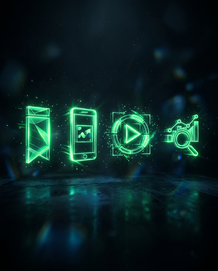 quatro ícones holográficos verde neon representando diferentes formatos de anúncio, estilo cinematográfico escuro