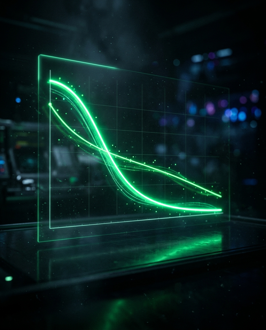 linha do tempo holográfica verde neon mostrando curva de decaimento de engajamento ao longo do tempo, estilo cinematográfico escuro