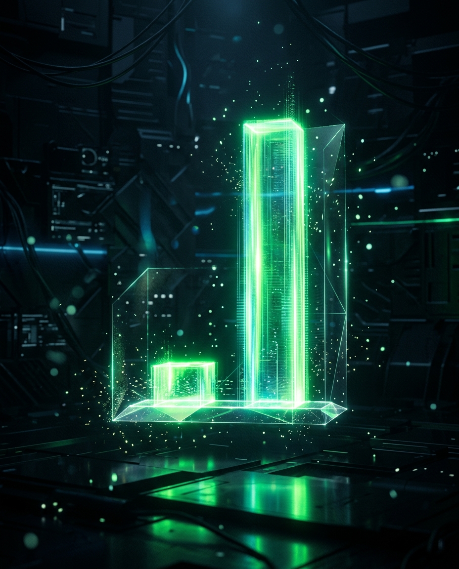 gráfico de barras holográfico verde neon comparando volume de produção entre duas colunas, estilo cinematográfico escuro