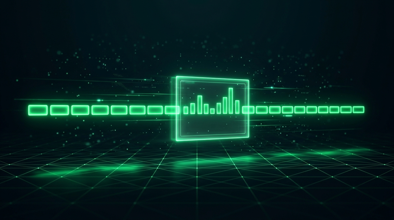 janela deslizante holográfica verde neon percorrendo uma linha do tempo de noventa dias sobre fundo escuro, representando a meta móvel de views