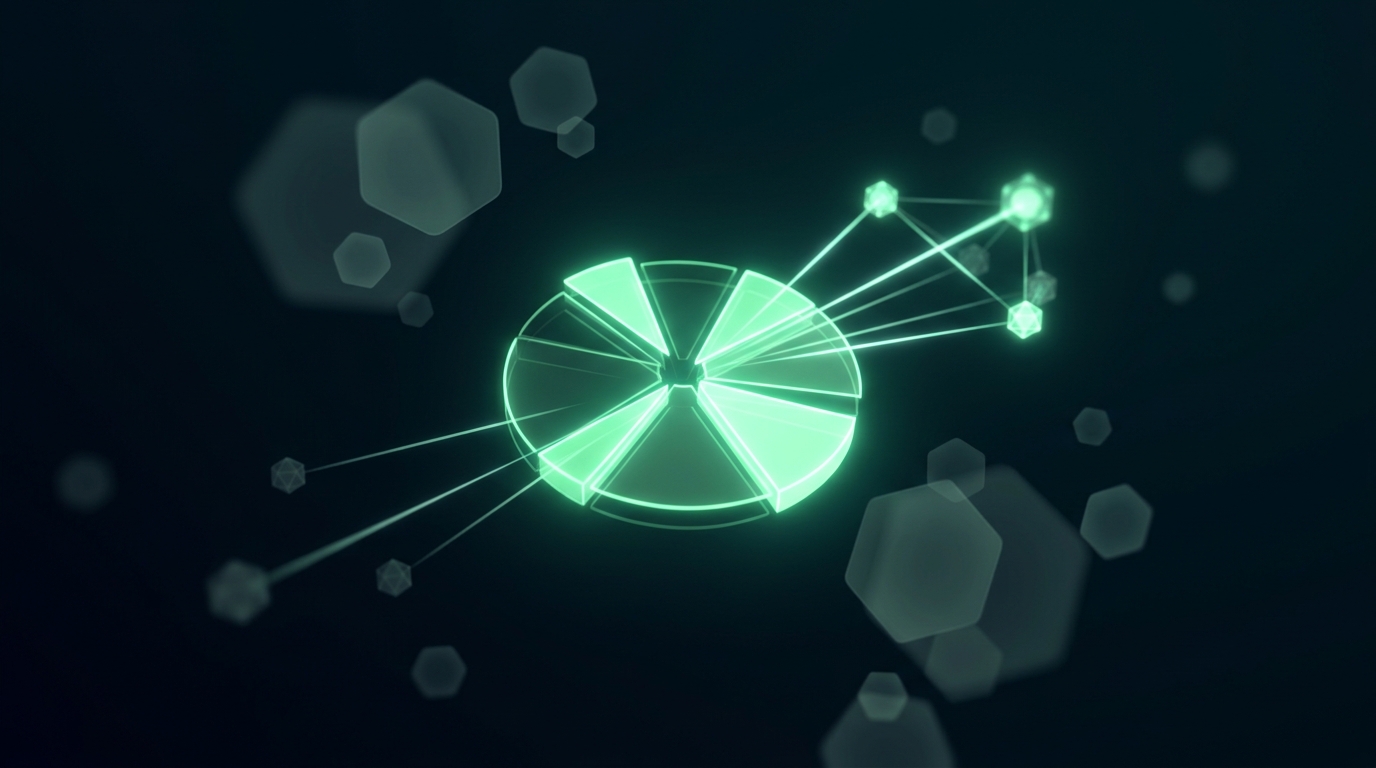 bolo de receita holográfico verde neon dividido em fatias desiguais entre poucos nós conectados sobre fundo escuro, representando o pool do shorts repartido entre menos canais