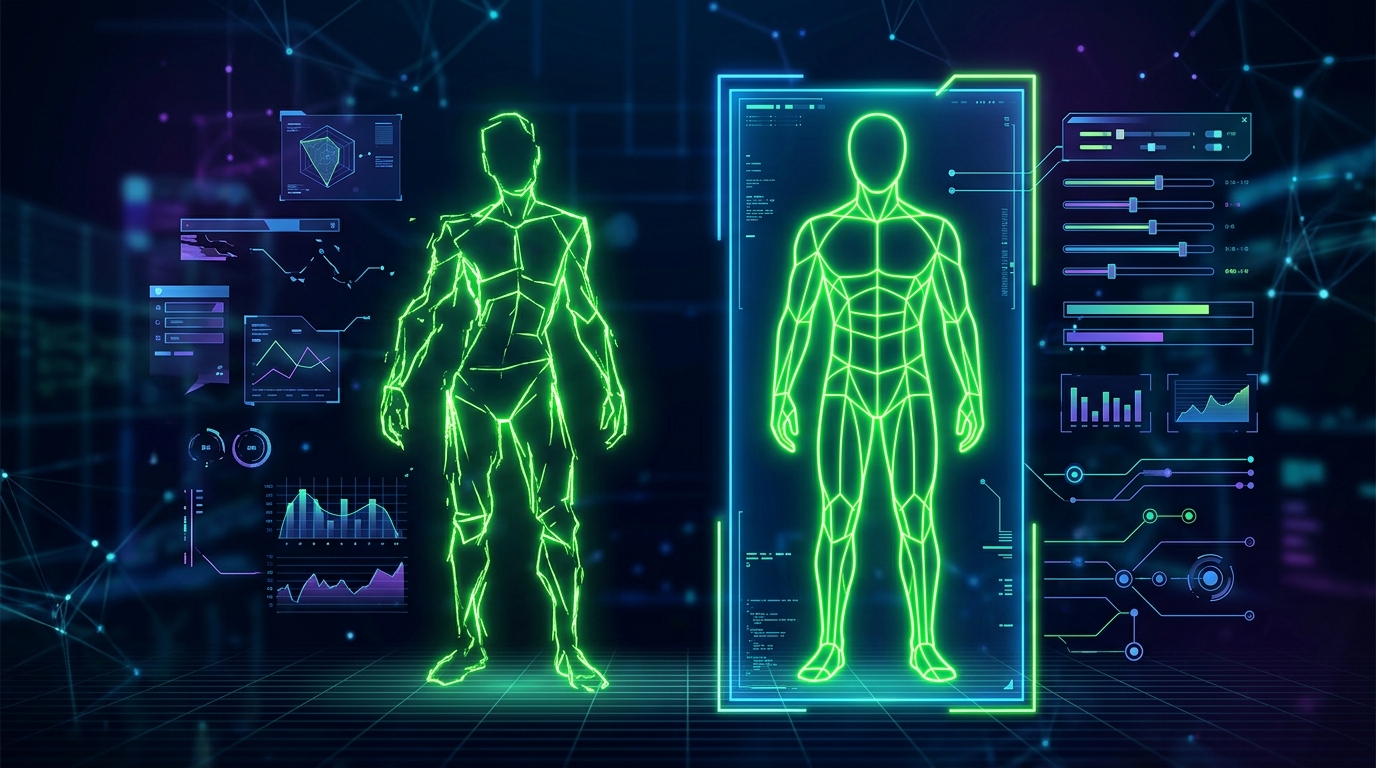 duas silhuetas geométricas verde neon lado a lado, uma exagerada e outra de proporção comum destacada com brilho, fundo escuro, representando o ajuste de corpo plausível do personagem